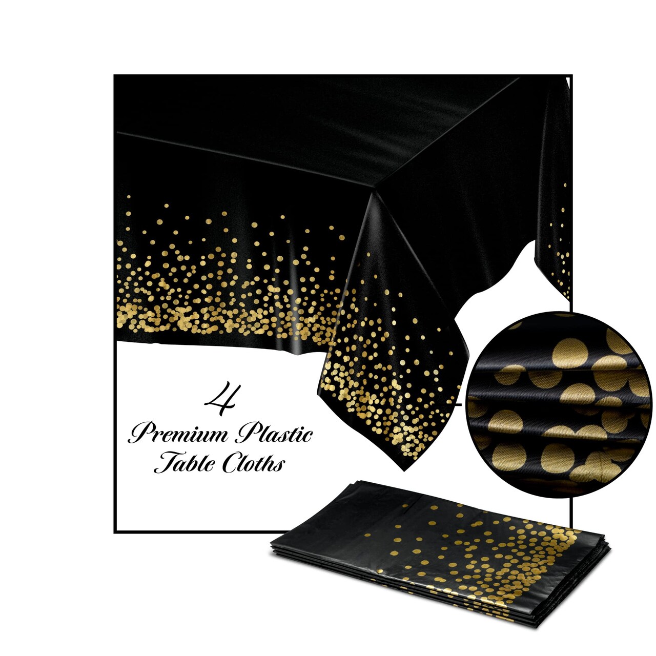 4 Pack Black and Gold Table Cloths for Parties, 54"x108" - Gold Dot Plastic Tablecloths, Black Tablecloth, Black and Gold Party Decorations, Paper Tablecloth for BBQ, Party, Fine Dining, Wedding